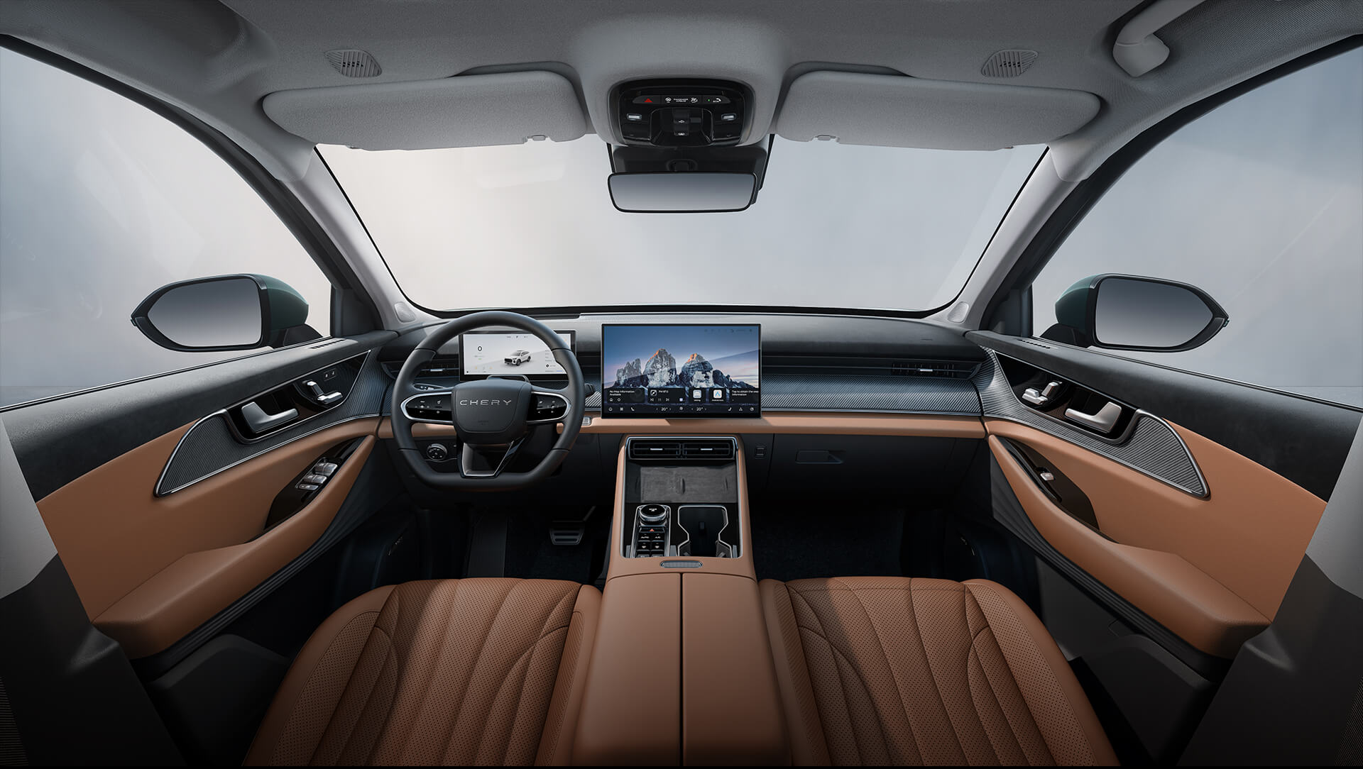 Chery Tiggo 9 cockpit showing dashboard, steering wheel and centre console